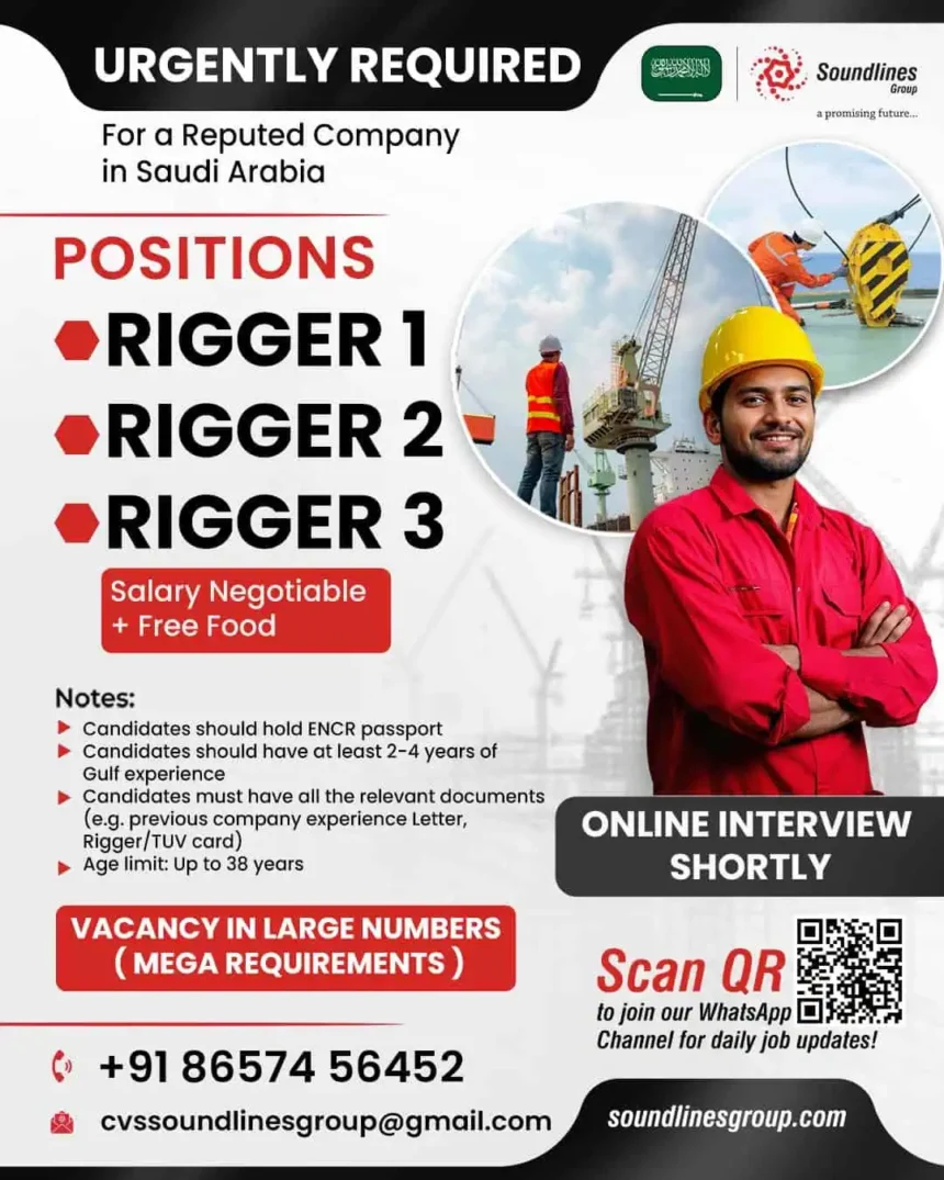 Rigger job vacancies in Saudi Arabia with free food and online interview