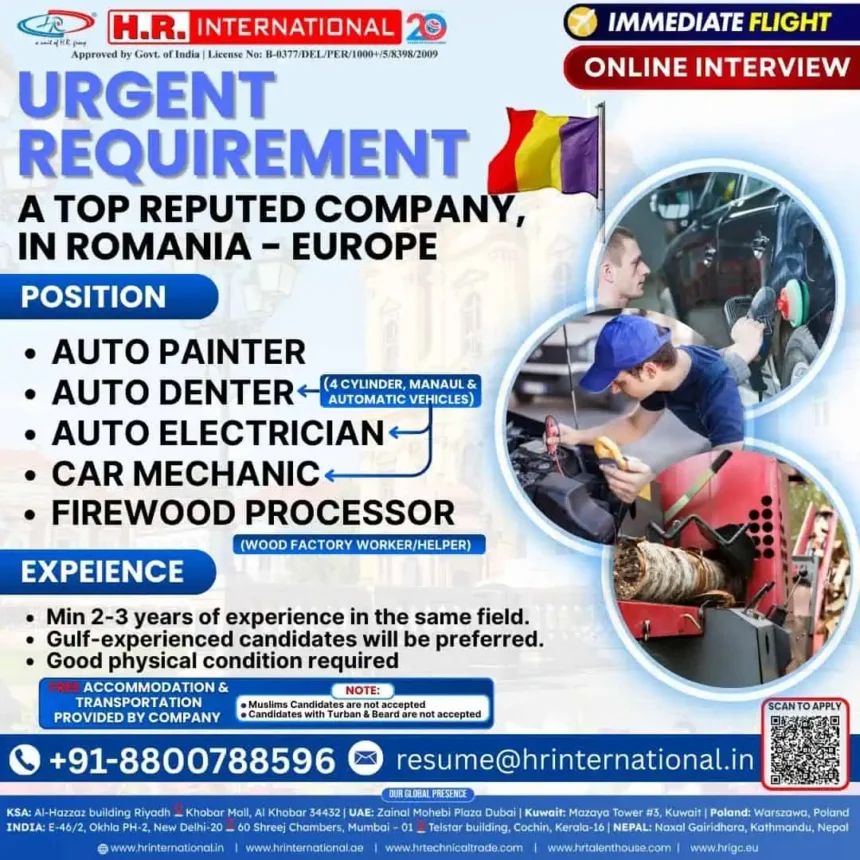 Romania Auto Jobs Urgent Hiring for Painters, Denters, Electricians, Mechanics, Firewood Workers – Immediate Flight