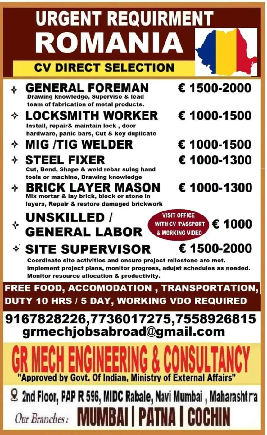 Romania jobs 2025 for welders, foremen, locksmiths, and general labor with free accommodation and food