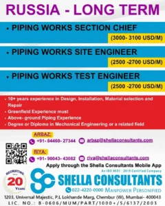 Russia long-term piping jobs for mechanical engineers – section chief, site engineer, and test engineer roles with salary details.