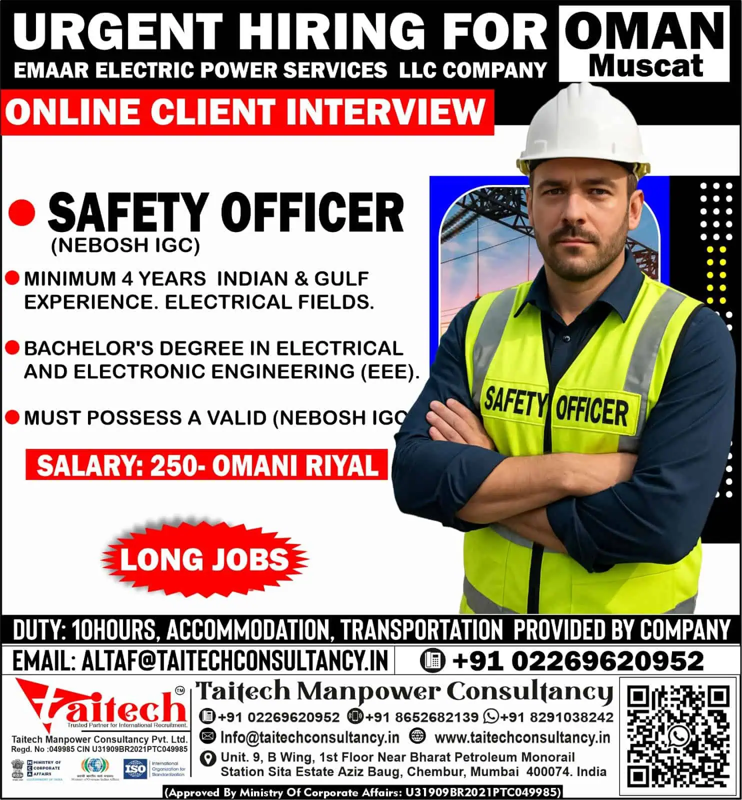 Hiring for NEBOSH IGC Certified Safety Officer Job in Oman – Taitech Manpower