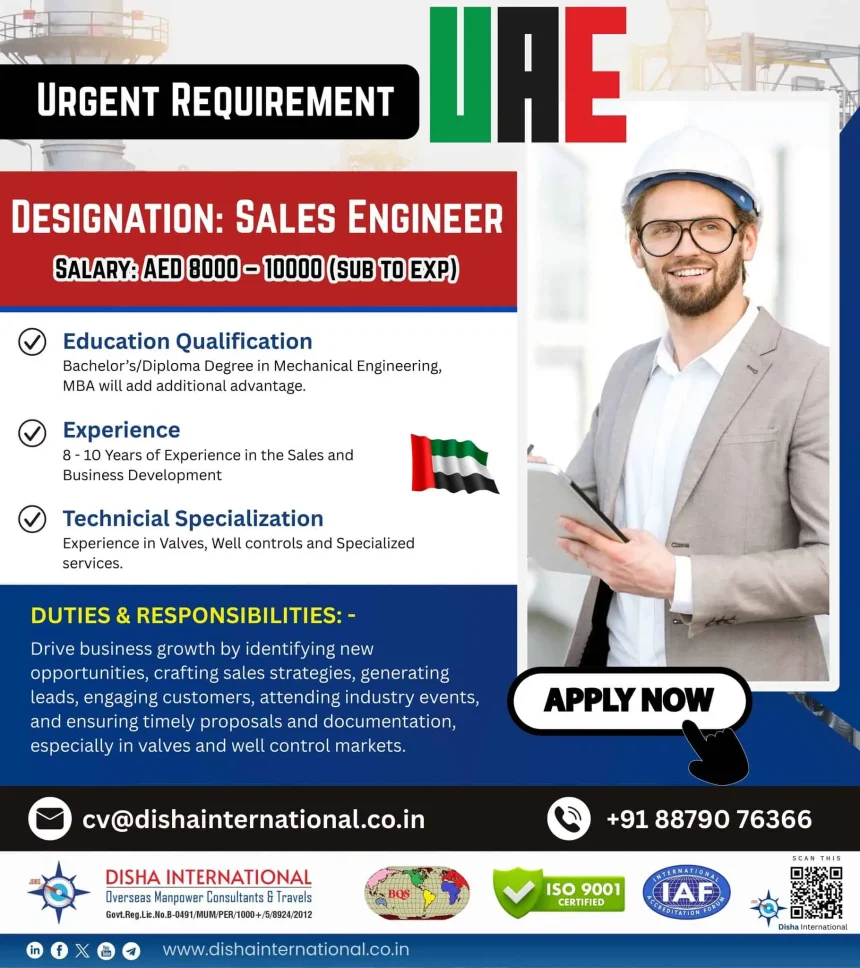 Sales Engineer Job Opening in UAE – Disha International Recruitment