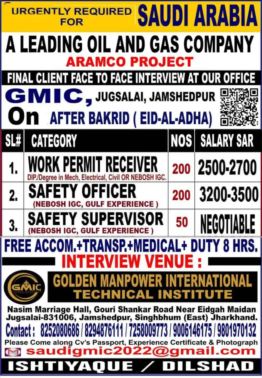 Saudi Arabia Aramco Oil and Gas Job Vacancy Advertisement for Work Permit Receiver, Safety Officer, Safety Supervisor – Interview in Jamshedpur after Bakrid.