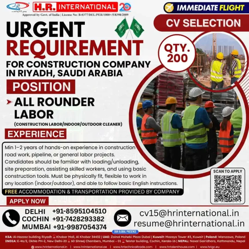 Saudi Arabia jobs for laborers in Riyadh – hiring 200 workers with free accommodation, transport, and immediate flight
