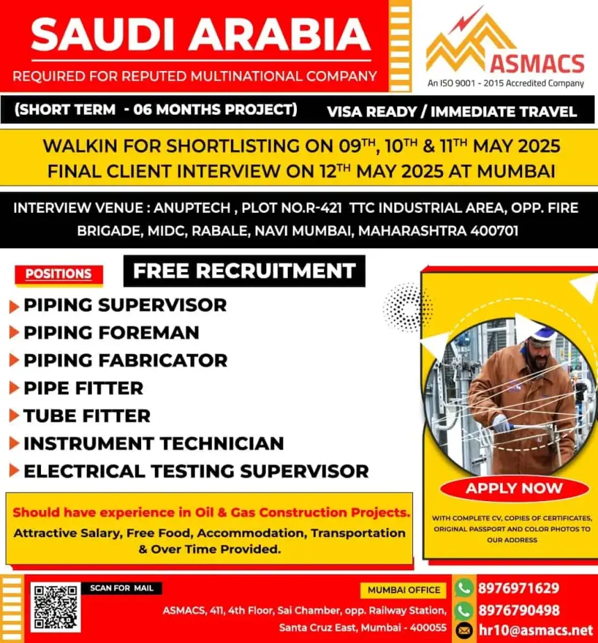 Saudi Arabia Oil and Gas Jobs May 2025 Walk-in Interview Mumbai Free Recruitment ASMACS