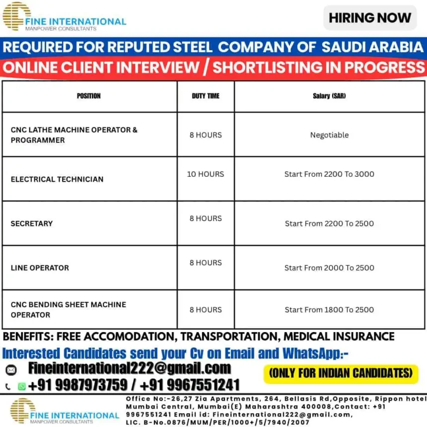 Saudi Arabia Steel Company Job Vacancies 2025 for CNC Operator, Technicians, Secretary – Apply via Fine International