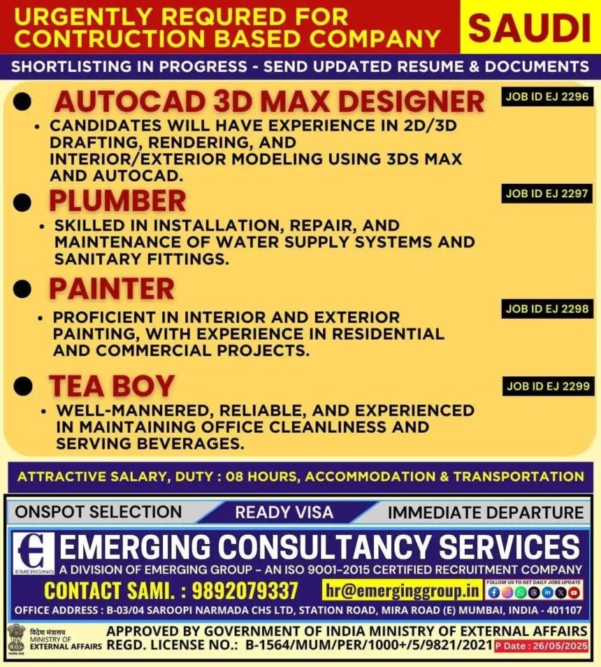 Saudi Arabia construction jobs 2025 – AutoCAD designer, plumber, painter, tea boy vacancies