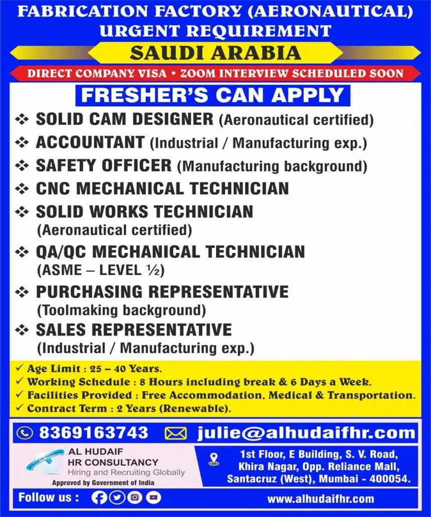 Saudi Arabia fabrication factory jobs urgent requirement aeronautical industry freshers apply