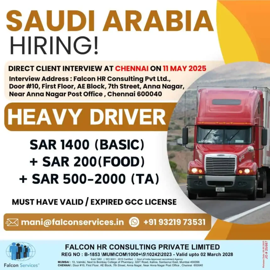 Saudi Arabia heavy driver job hiring poster with interview details in Chennai and salary breakdown