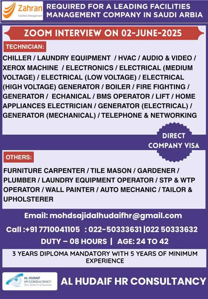 Saudi Arabia jobs for technicians and operators – Zahran Facilities interview 2025
