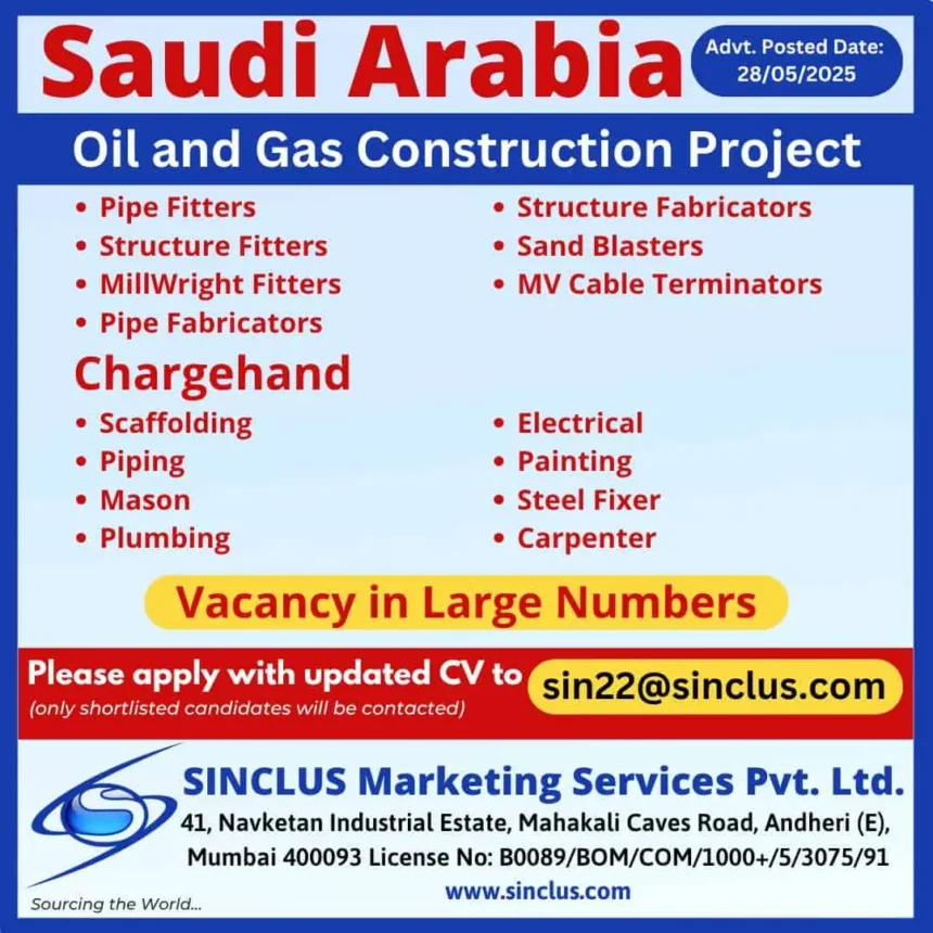 Saudi Arabia oil and gas construction job vacancies 2025 – hiring pipe fitters, fabricators, chargehands, electricians & more