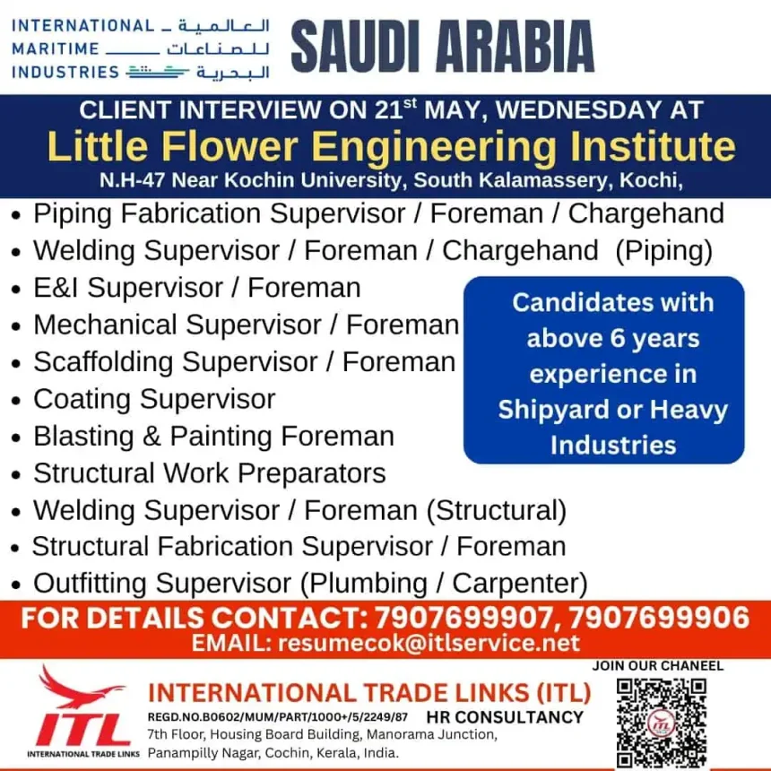 Saudi Arabia shipyard jobs interview poster Kochi May 2025