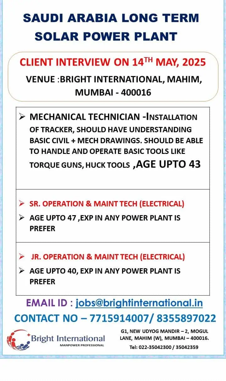 Saudi Arabia solar power plant recruitment, client interview in Mumbai, May 2025