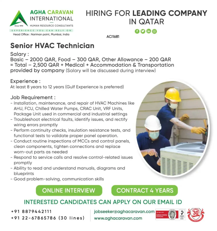 Senior HVAC Technician job opening in Qatar by Agha Caravan International – online interview and 4-year contract