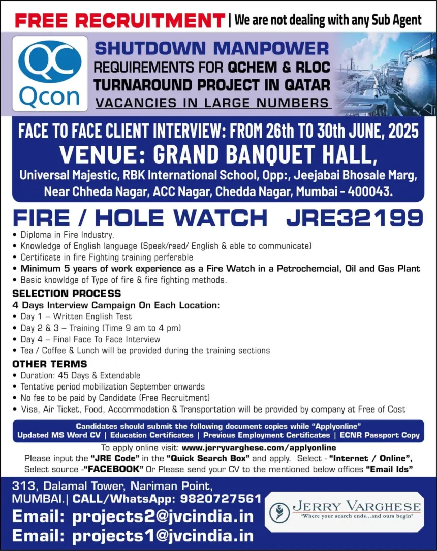 Shutdown Manpower Recruitment for Fire Watch Positions in Qatar – Interview in Mumbai, June 2025