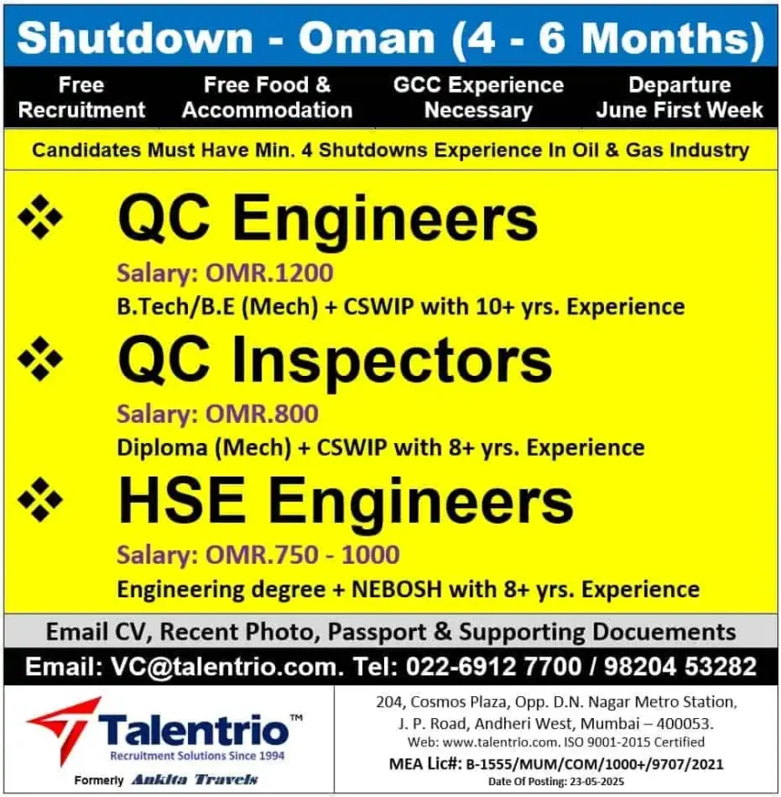 Shutdown jobs in Oman 2025 for QC Engineers, QC Inspectors, and HSE Engineers in oil and gas industry with salaries up to OMR 1200.