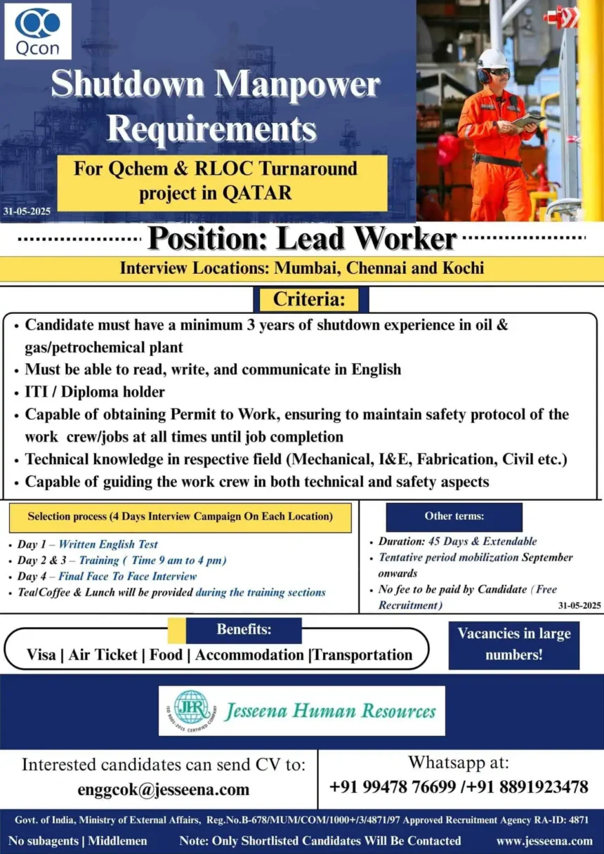 Shutdown manpower job vacancy for Lead Worker in Qatar – Qchem & RLOC project 2025