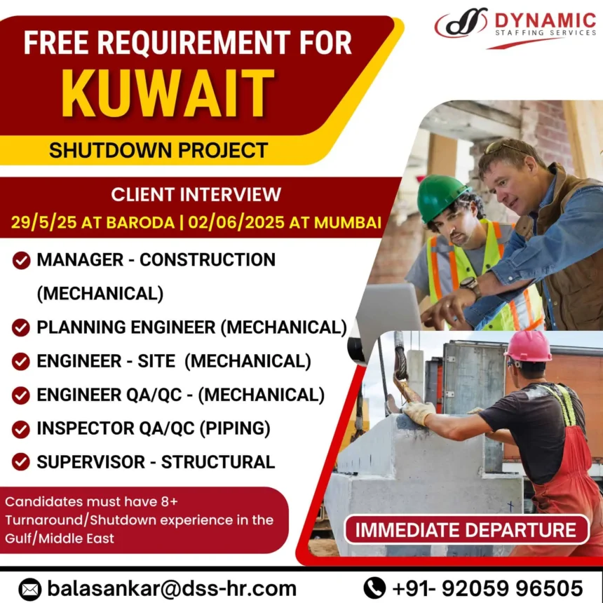 Shutdown project job openings in Kuwait for mechanical engineers, QAQC inspectors, and construction managers