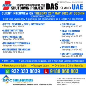 Shutdown project jobs UAE 2025 - client interview at Cochin for DAS Island roles including fitters, electricians, welders, and technicians.