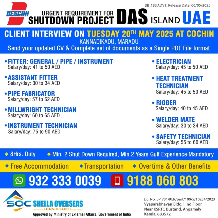 Shutdown project jobs UAE 2025 - client interview at Cochin for DAS Island roles including fitters, electricians, welders, and technicians.