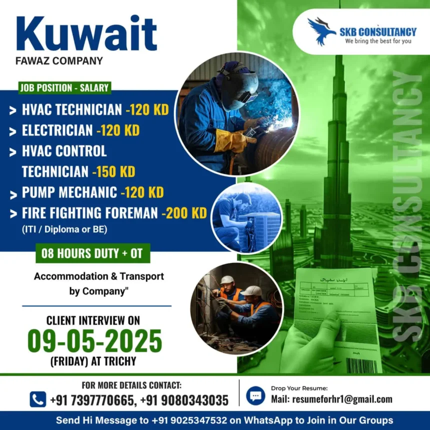 Technical Job Vacancies in Kuwait May 2025 – HVAC, Electrician, Firefighting Foreman