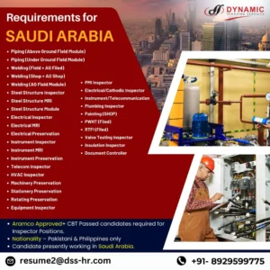 Technical job vacancies in Saudi Arabia for Aramco-approved inspectors – hiring Pakistani and Filipino candidates.