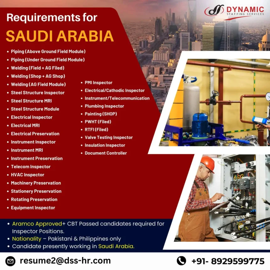 Technical job vacancies in Saudi Arabia for Aramco-approved inspectors – hiring Pakistani and Filipino candidates.
