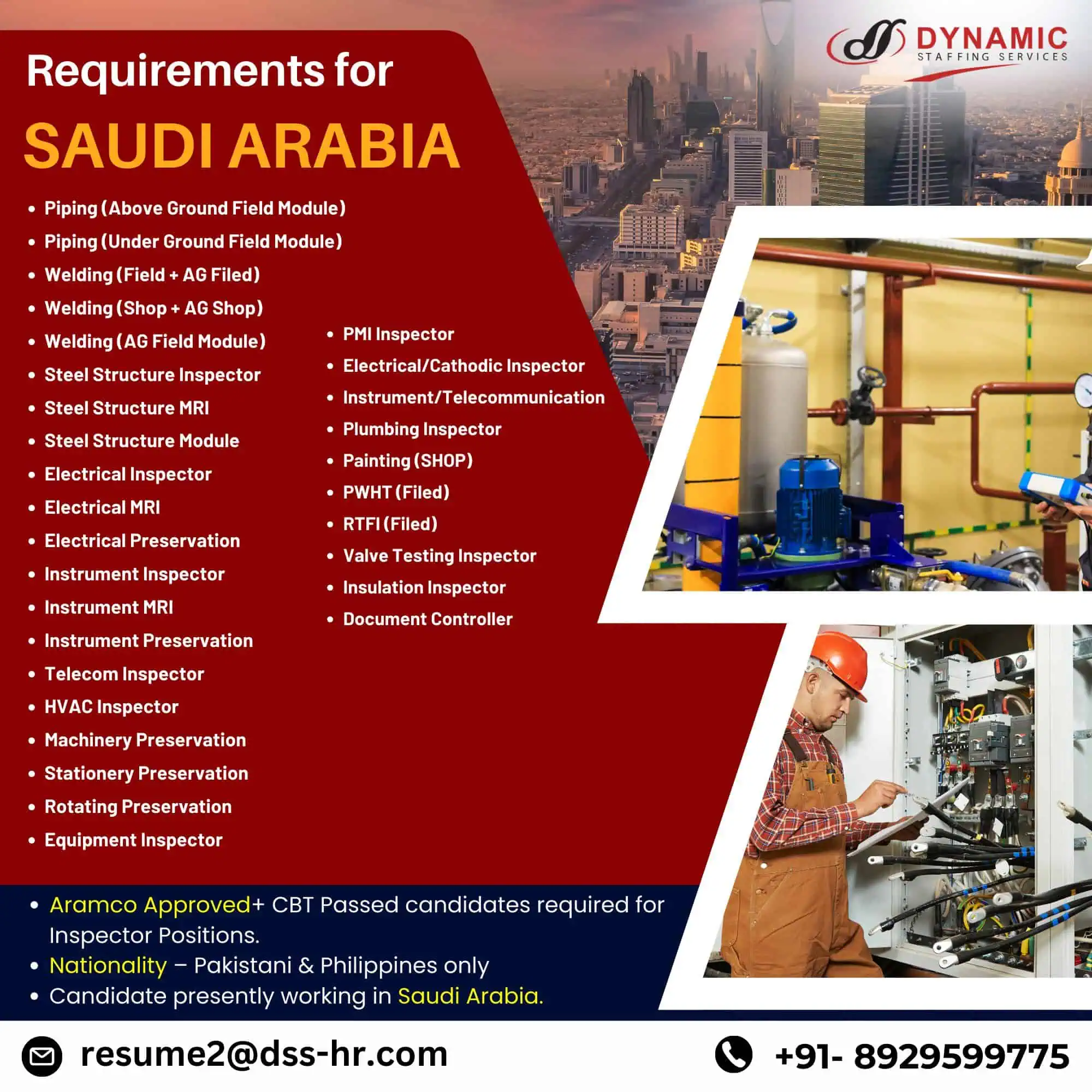 Technical job vacancies in Saudi Arabia for Aramco-approved inspectors – hiring Pakistani and Filipino candidates.