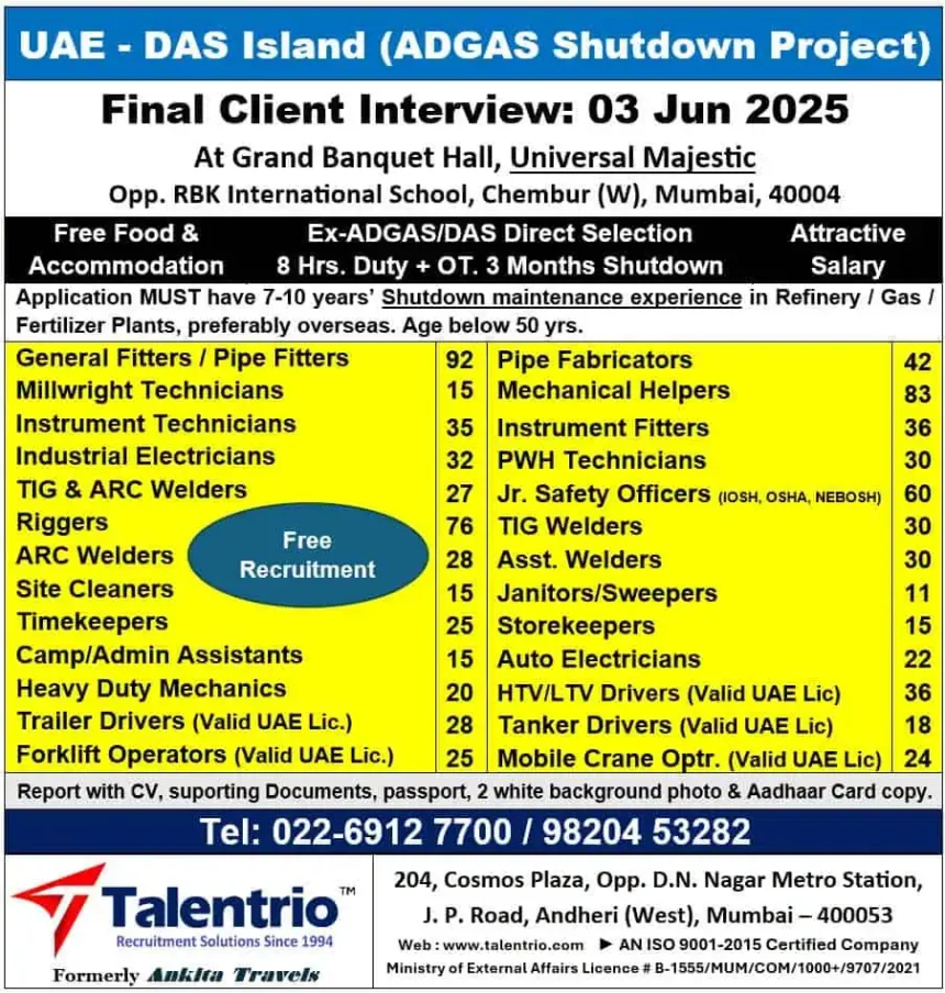 UAE ADGAS Shutdown Project Jobs 2025 Final Interview in Mumbai
