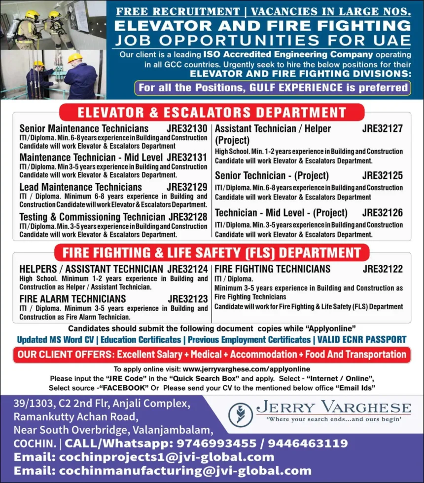 UAE Elevator and Fire Fighting Jobs Free Recruitment Poster 2025