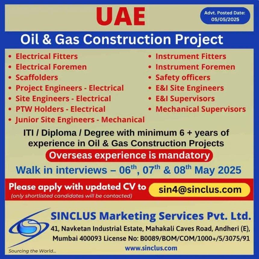 UAE Oil & Gas Construction Jobs May 2025 – Electrical, Mechanical, Safety & Instrumentation Openings