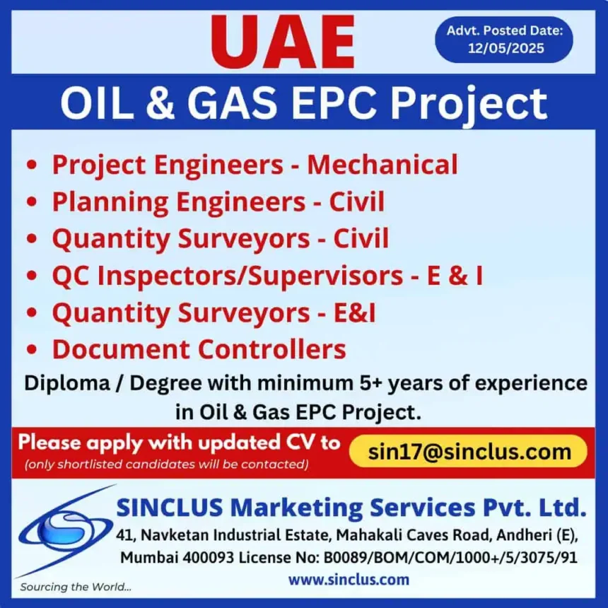 UAE Oil & Gas EPC Project job openings for engineers, surveyors, QA inspectors and document controllers – SINCLUS Marketing Services 2025