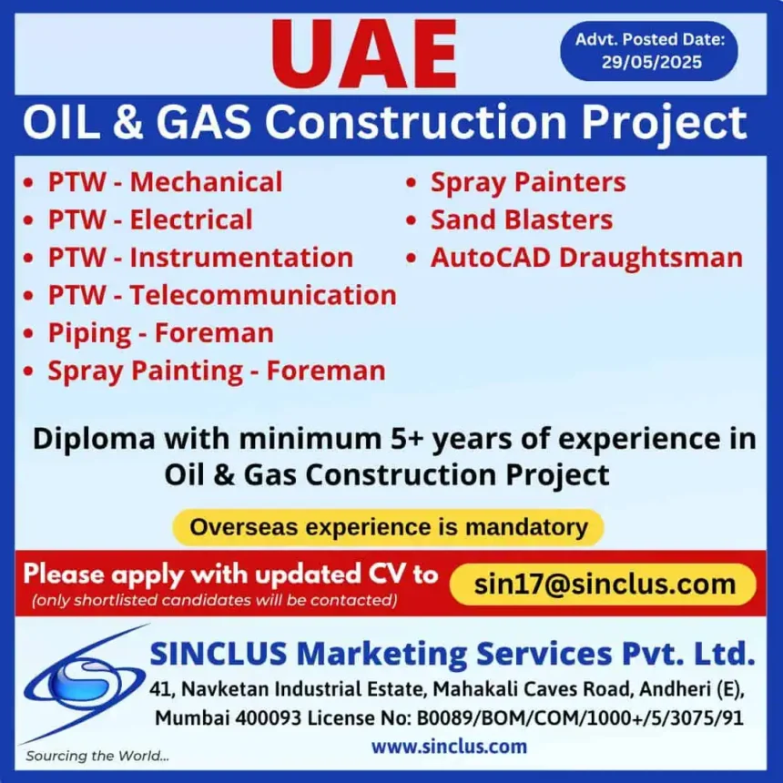 UAE Oil and Gas Construction Job Openings – Sinclus Marketing Services 2025