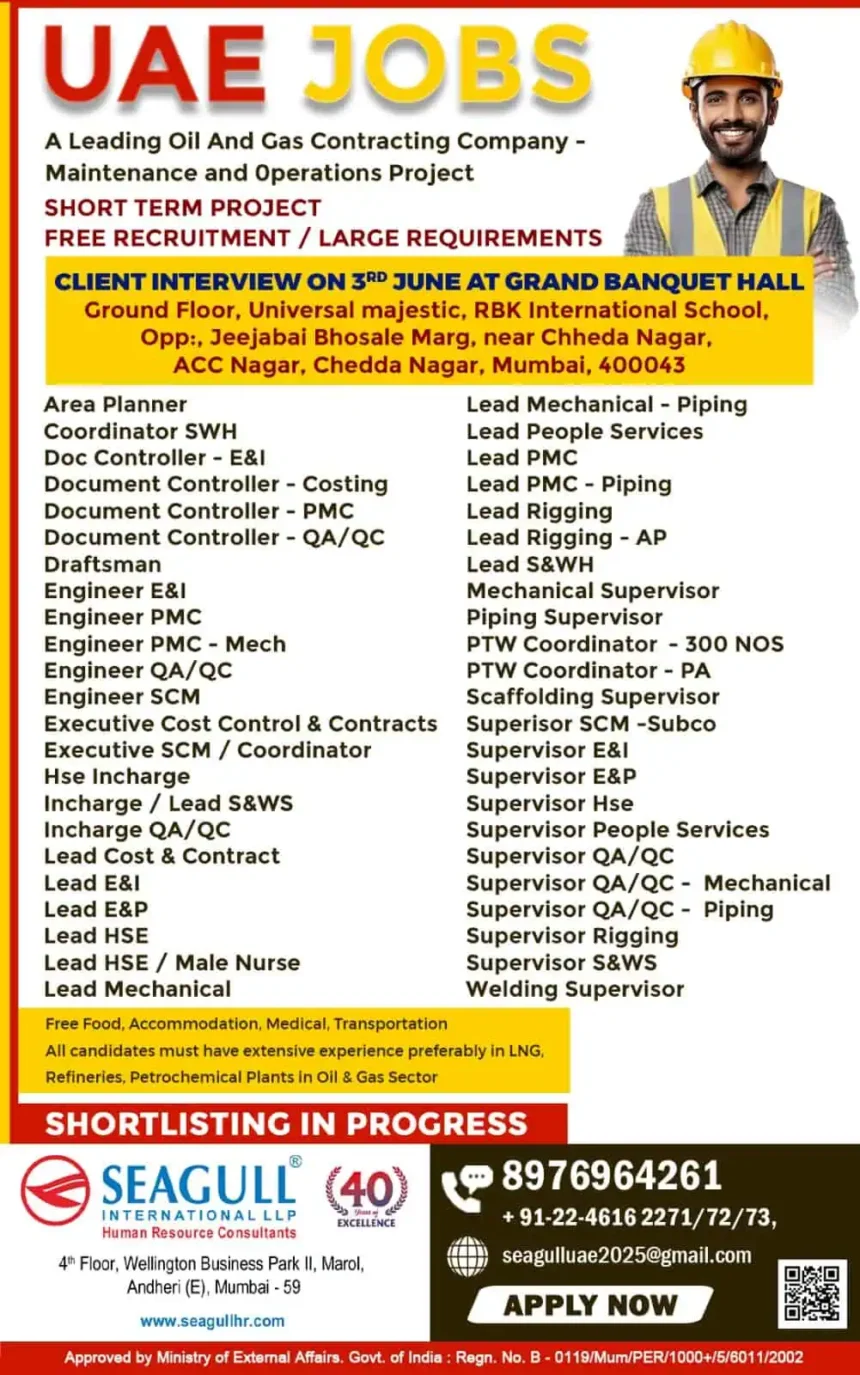 UAE Oil and Gas Jobs Interview June 3 Mumbai Full Vacancy List