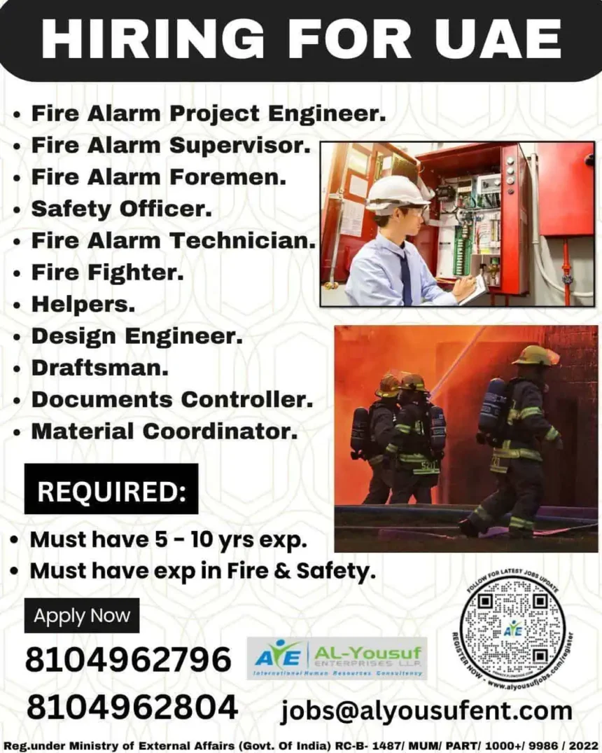 UAE job hiring poster for fire and safety roles by Al-Yousuf Enterprises, listing job openings and contact details.