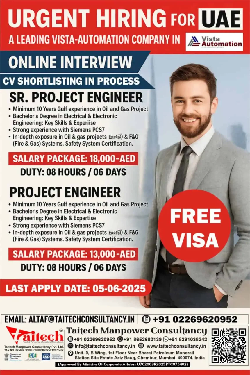 UAE job vacancies for Sr. Project Engineer and Project Engineer at Vista Automation with free visa and high salary