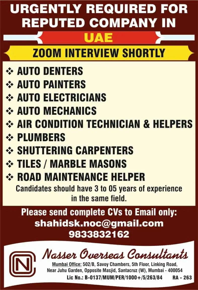 UAE job vacancies for auto electricians, plumbers, carpenters, and road helpers with Zoom interview opportunity