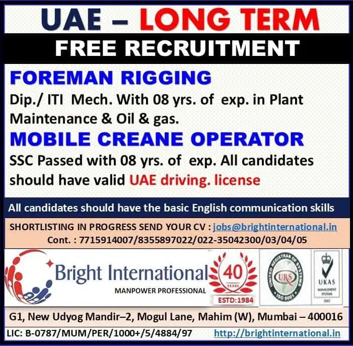 UAE long-term free recruitment for Foreman Rigging and Mobile Crane Operator with Bright International