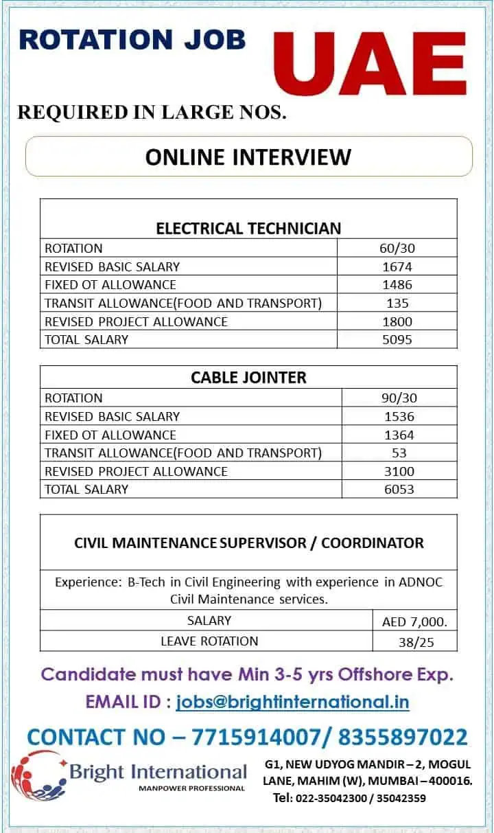 UAE offshore rotation job openings for Electrical Technicians, Cable Jointers, and Civil Supervisors with salary details.