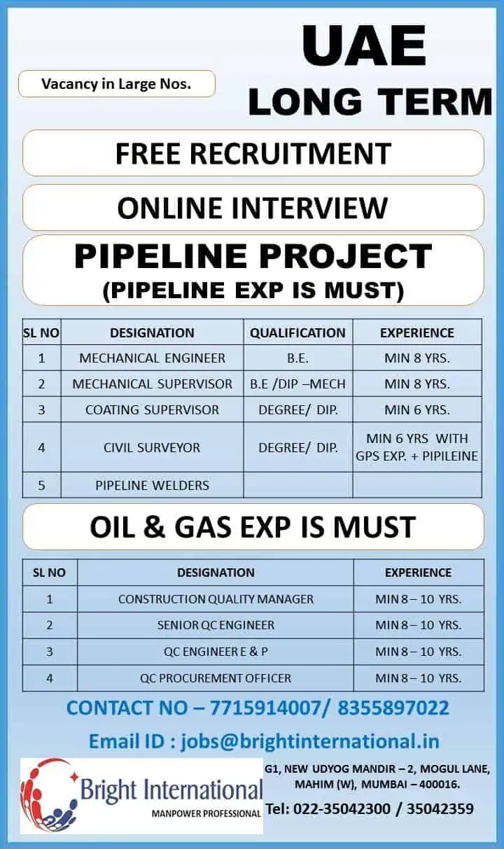UAE pipeline and oil gas job vacancies 2025 – Bright International recruitment poster