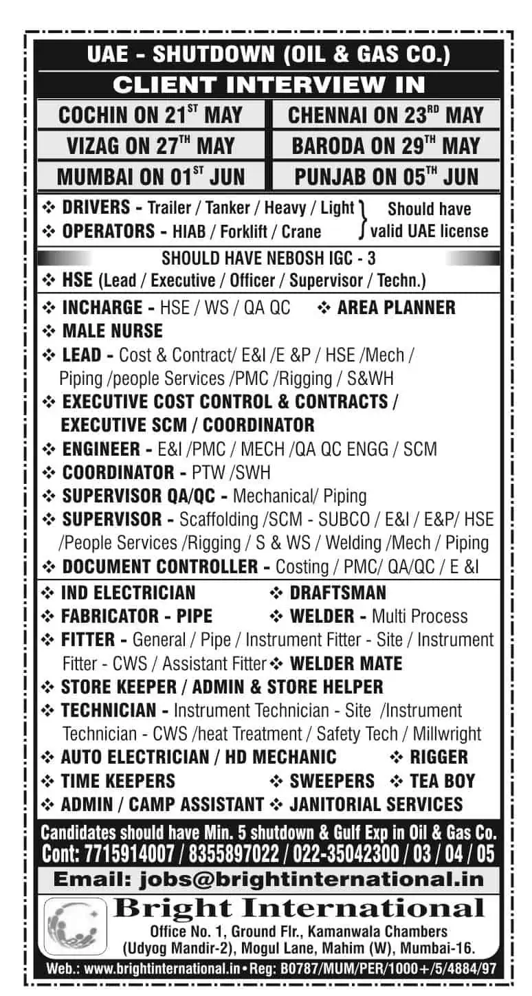 UAE shutdown jobs 2025 client interview schedule for oil & gas sector
