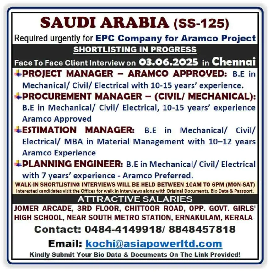 Urgent EPC jobs in Saudi Arabia for Aramco project – Interview on 3 June 2025 in Chennai