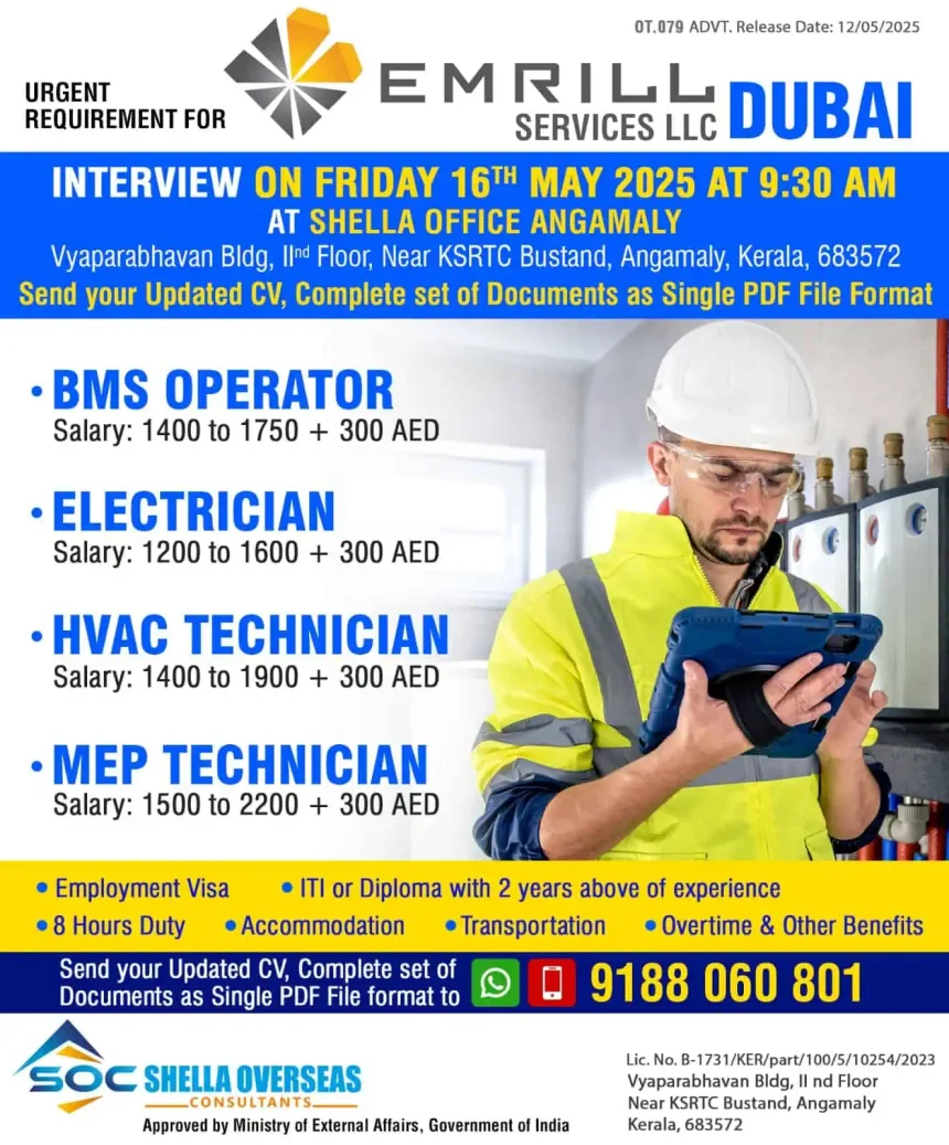 Urgent Hiring for Technicians in Dubai – Walk-in Interview at Angamaly, Kerala