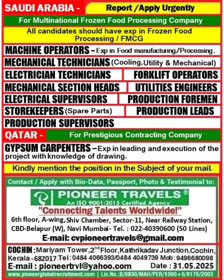 Urgent Job Openings in Saudi Arabia and Qatar for FMCG, Frozen Food Processing, and Construction Professionals – Pioneer Travels