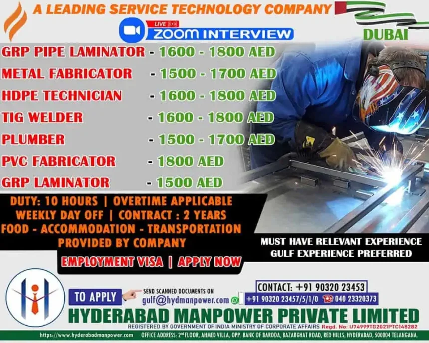 Urgent Job Vacancy in Dubai for GRP Laminator, Welder, HDPE Technician – Apply Now
