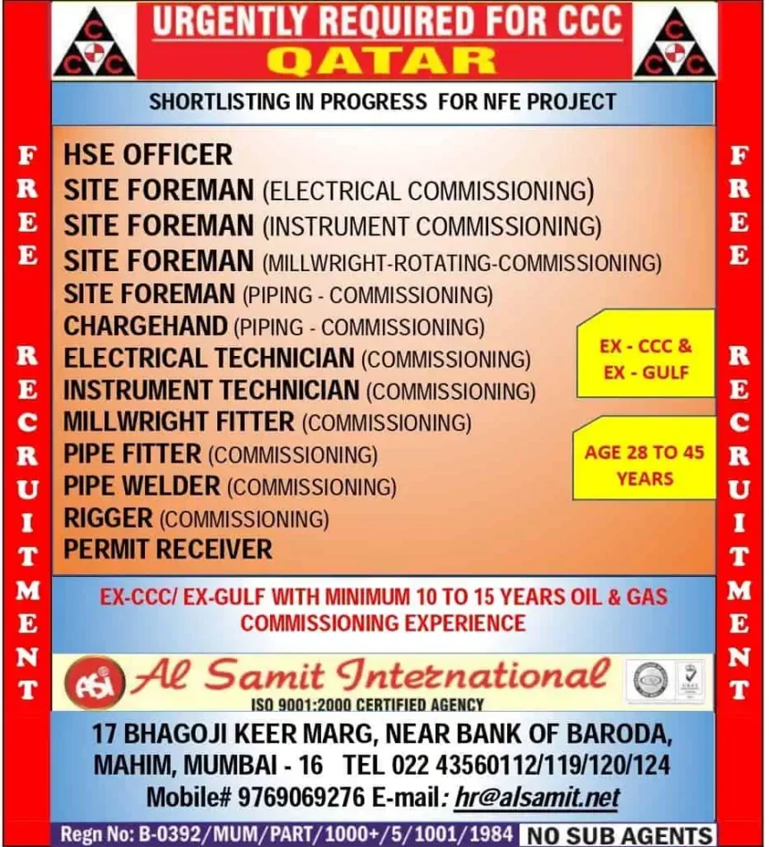 Urgent Oil and Gas Commissioning Jobs in Qatar 2025 – Free Recruitment for Ex-Gulf Professionals
