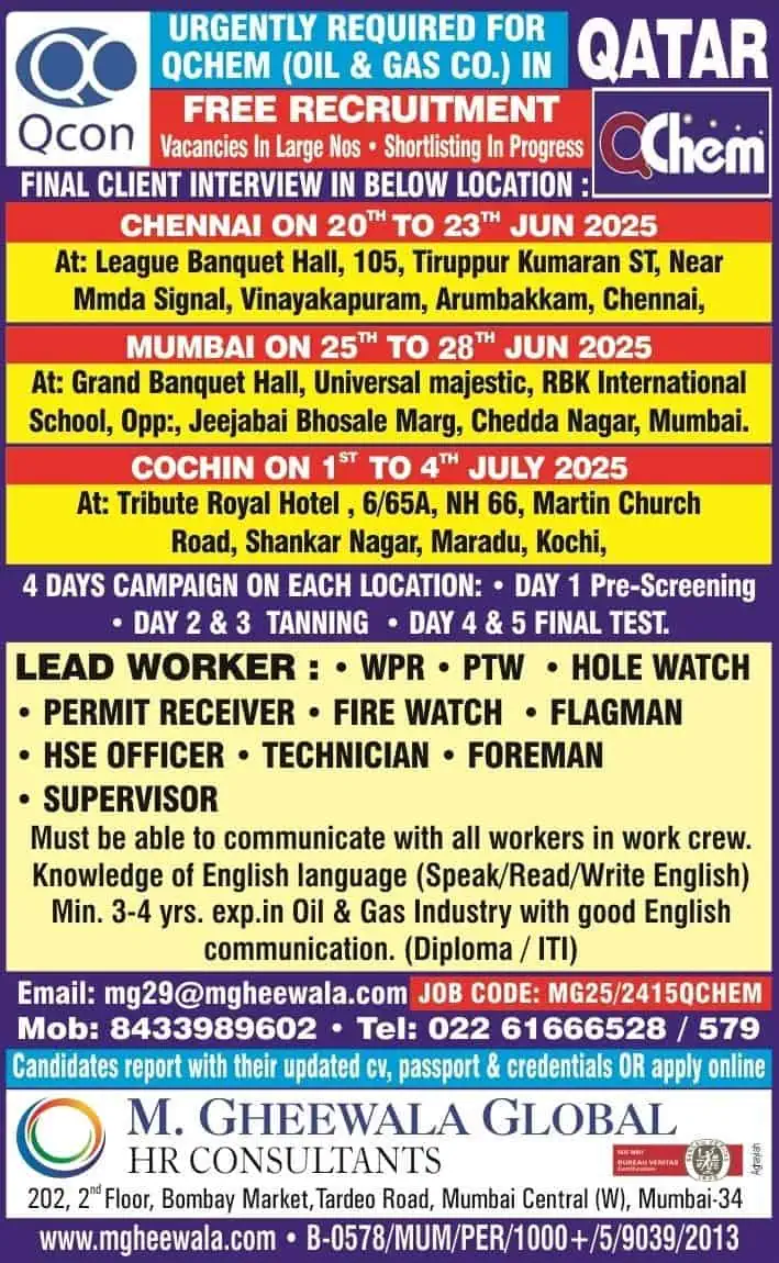 Urgent Oil and Gas Jobs in Qatar – Free Recruitment by QChem