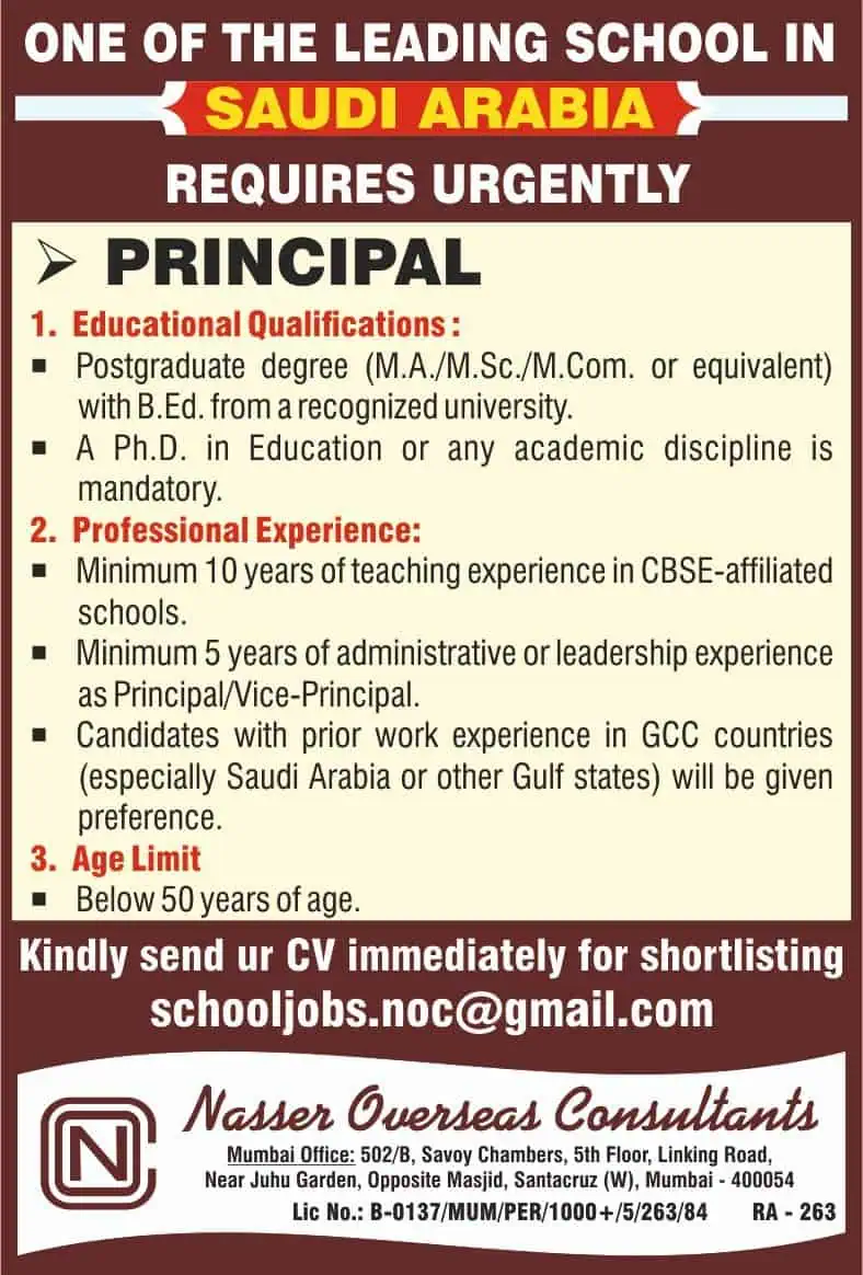 Urgent Principal Job Opening in Saudi Arabia for CBSE School – Apply Now