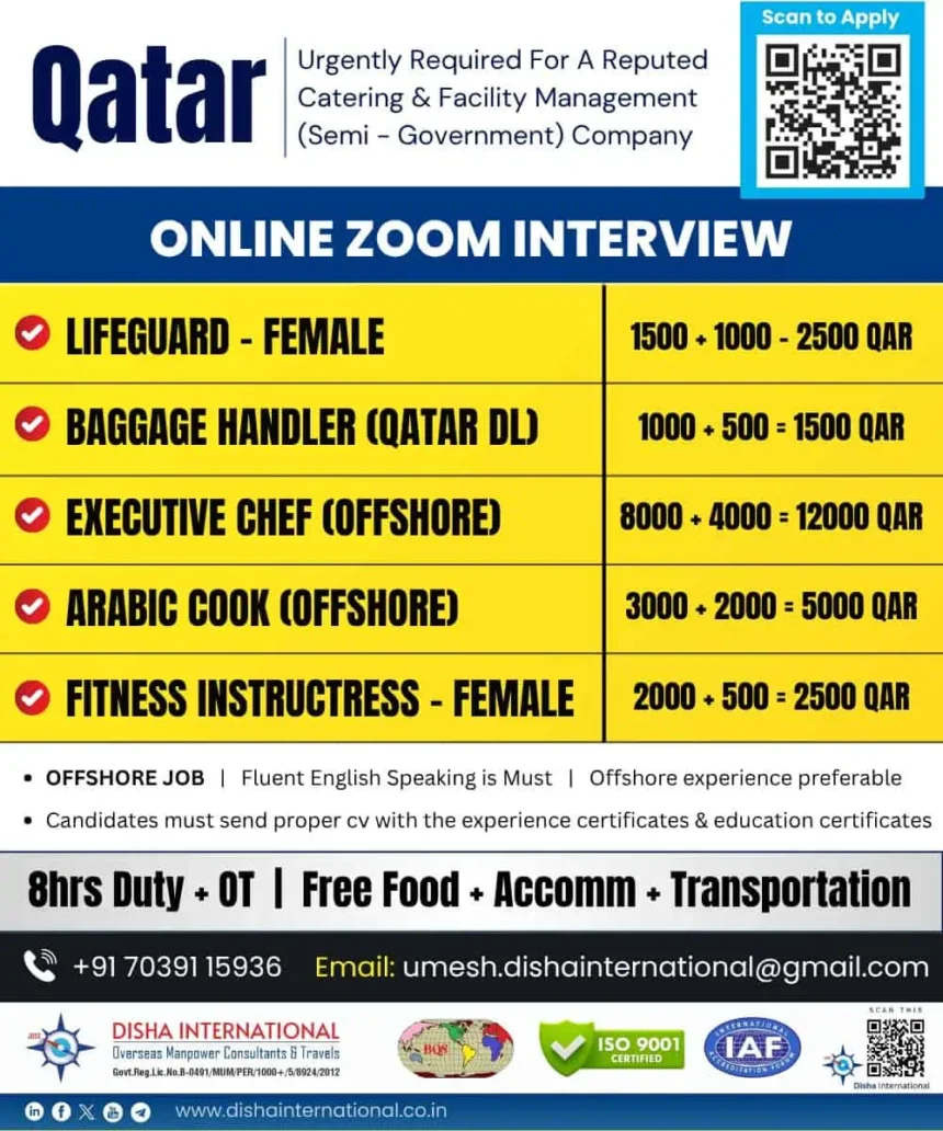 Urgent Qatar Jobs in Catering & Facility Management – Zoom Interview Poster with Salaries