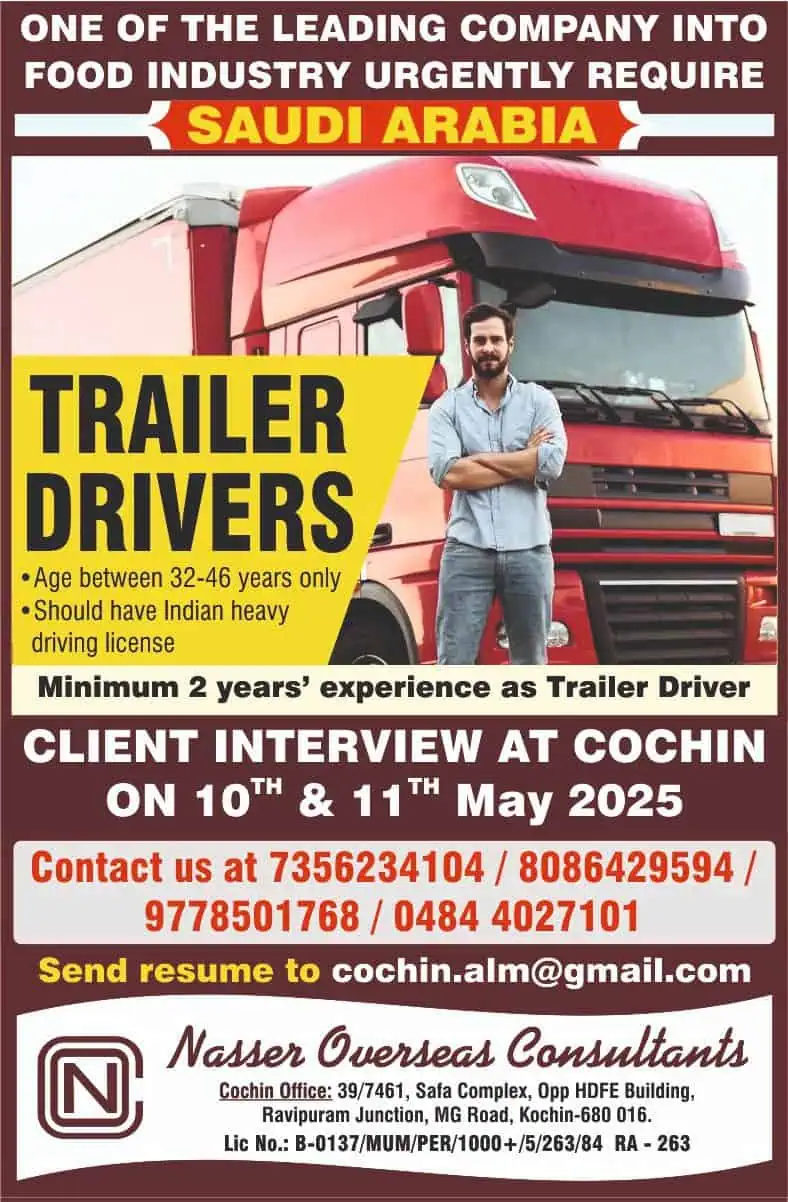 Urgent Saudi Arabia trailer driver jobs interview in Cochin May 2025 – Nasser Overseas Consultants